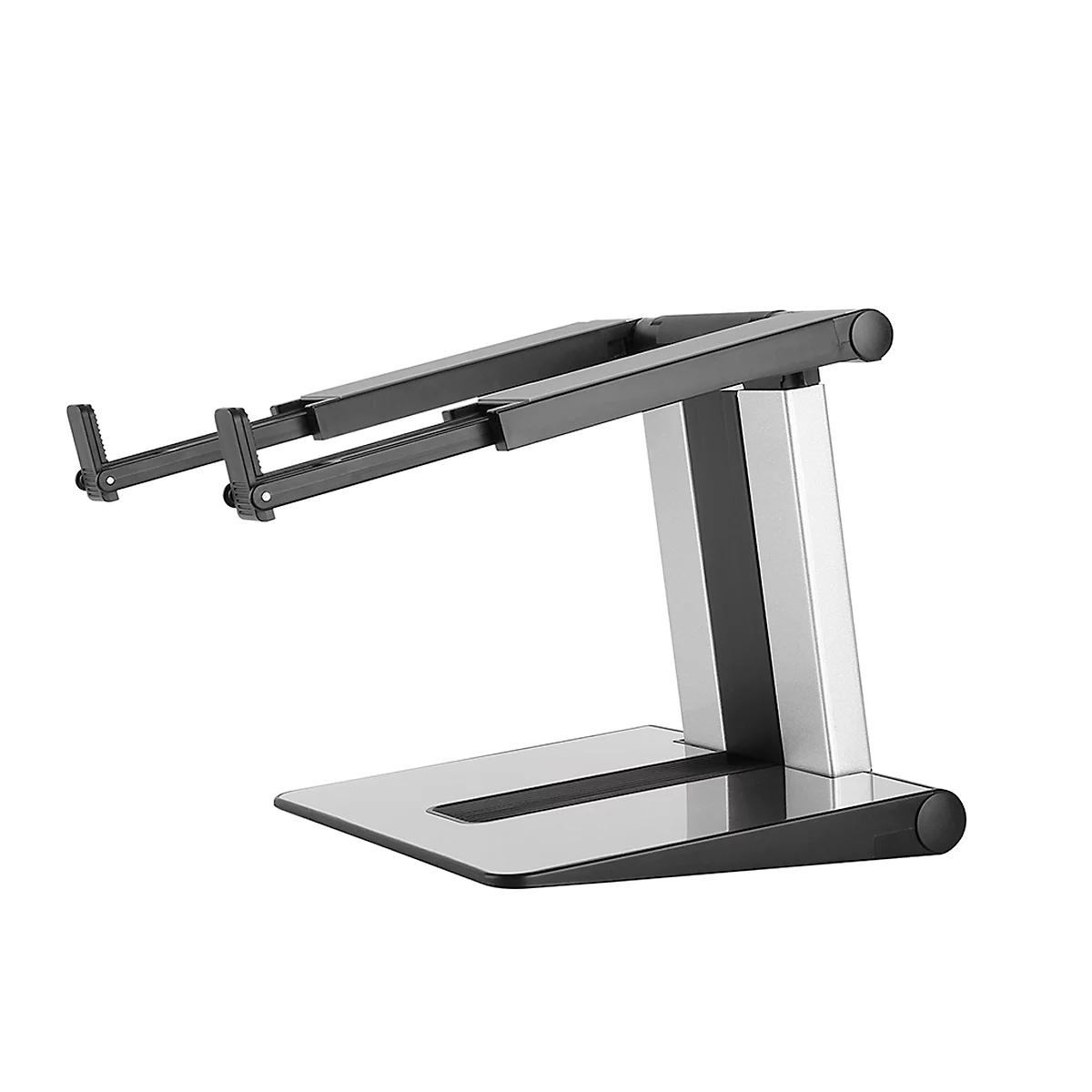 A metal laptop stand with height-adjustable arms, on a white background.