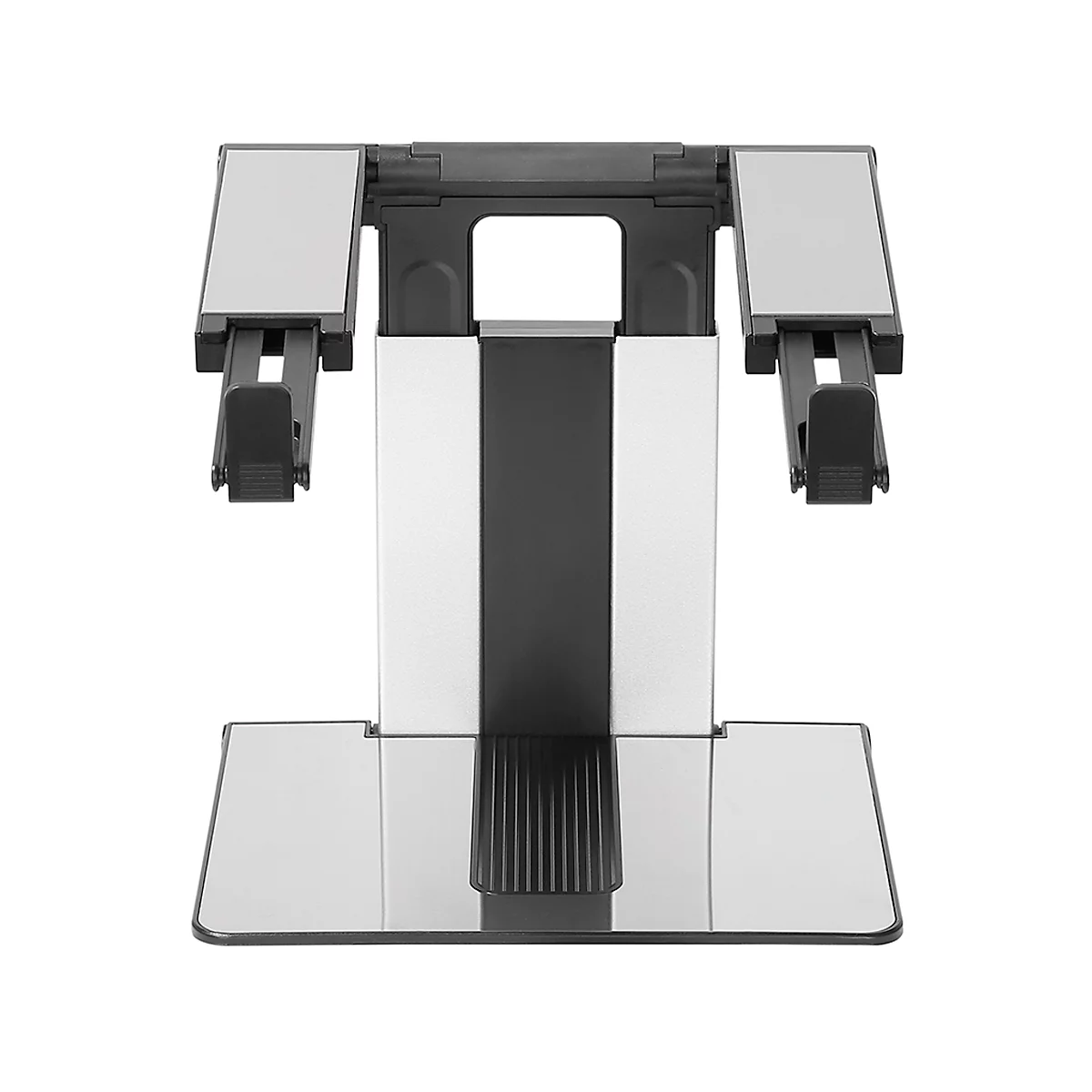 A laptop stand with a silver and black structure. Two arms, a base and a holder.