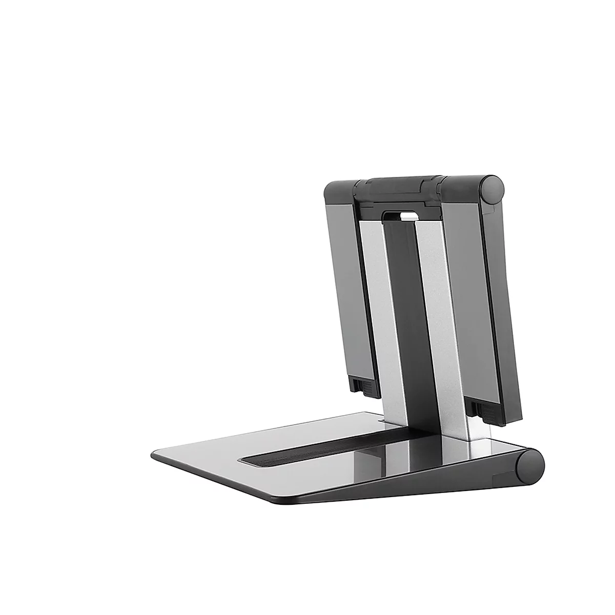 Black and grey tablet holder on a white background.