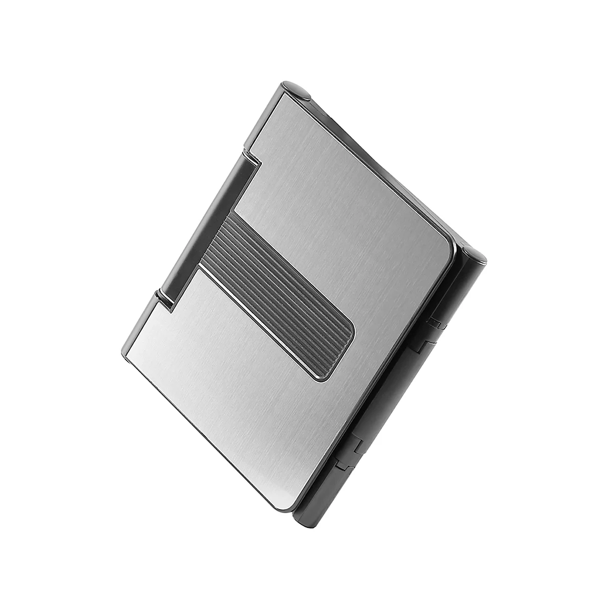 A silver rectangular lighter, with a black bar and a ribbed area.