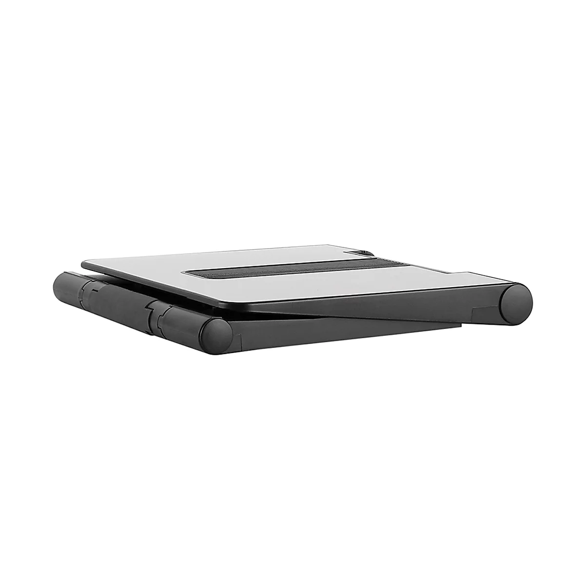 A black, folded laptop stand with a light grey surface on a white background.