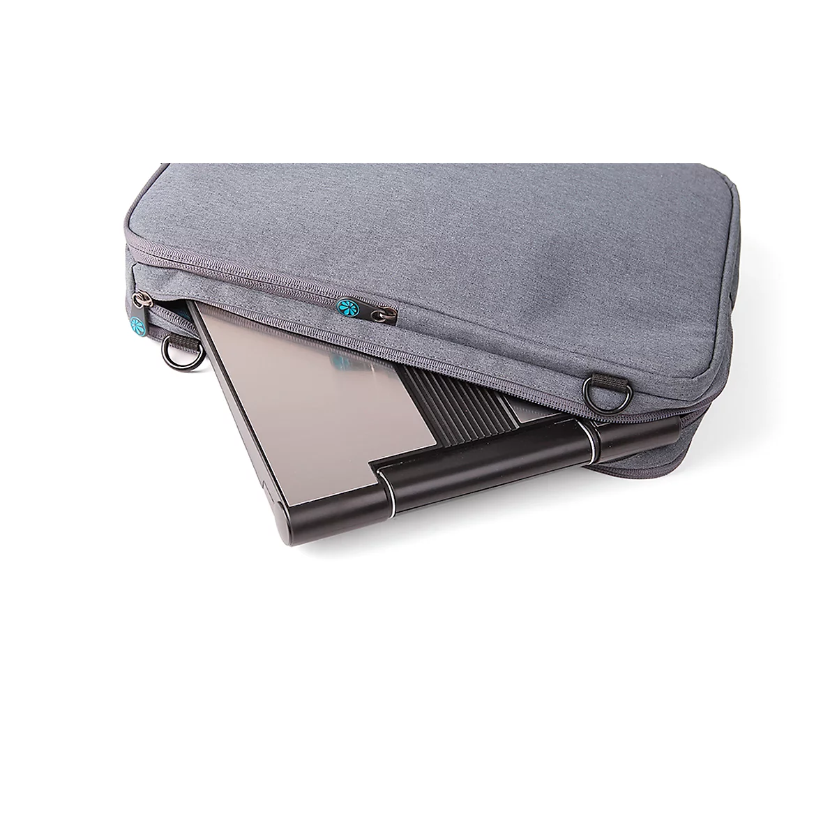 Laptop in gray case. Zipper with turquoise accents. Black laptop base visible.