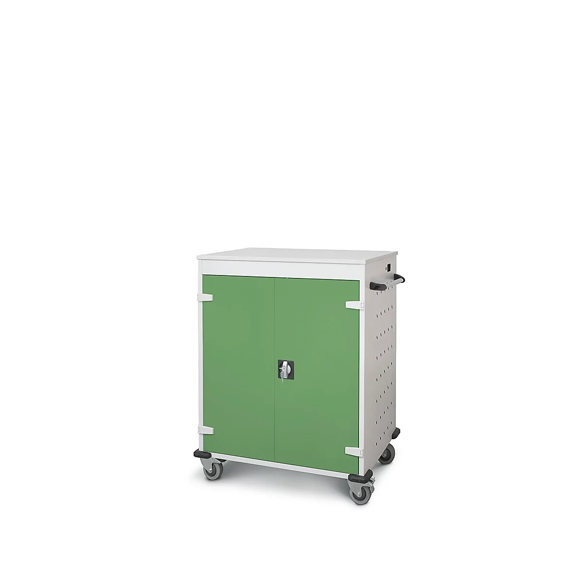 Mobiele kast met wielen en groene deuren tegen een witte achtergrond.