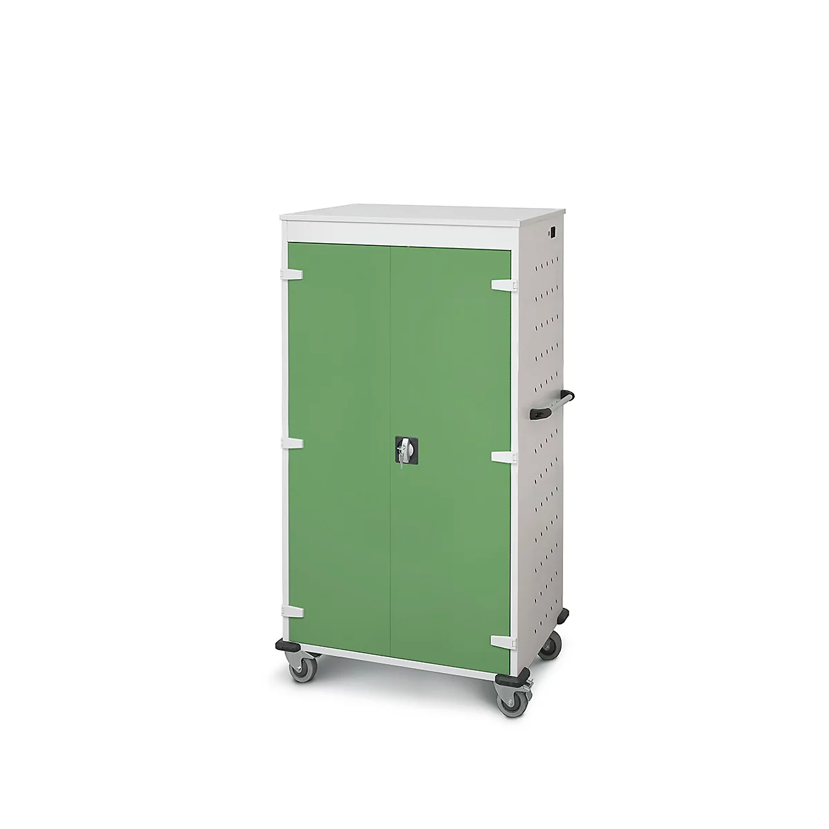 Mobiele kast op wielen, groene deuren, wit frame, zilveren handvat.