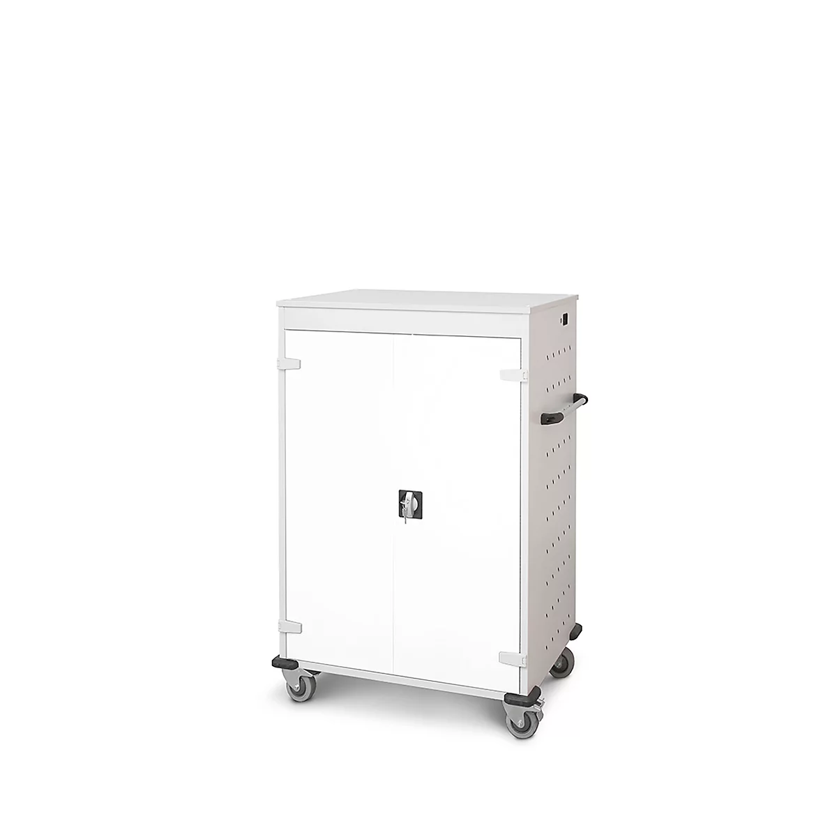 Witte kast met twee deuren en wielen op een witte achtergrond.