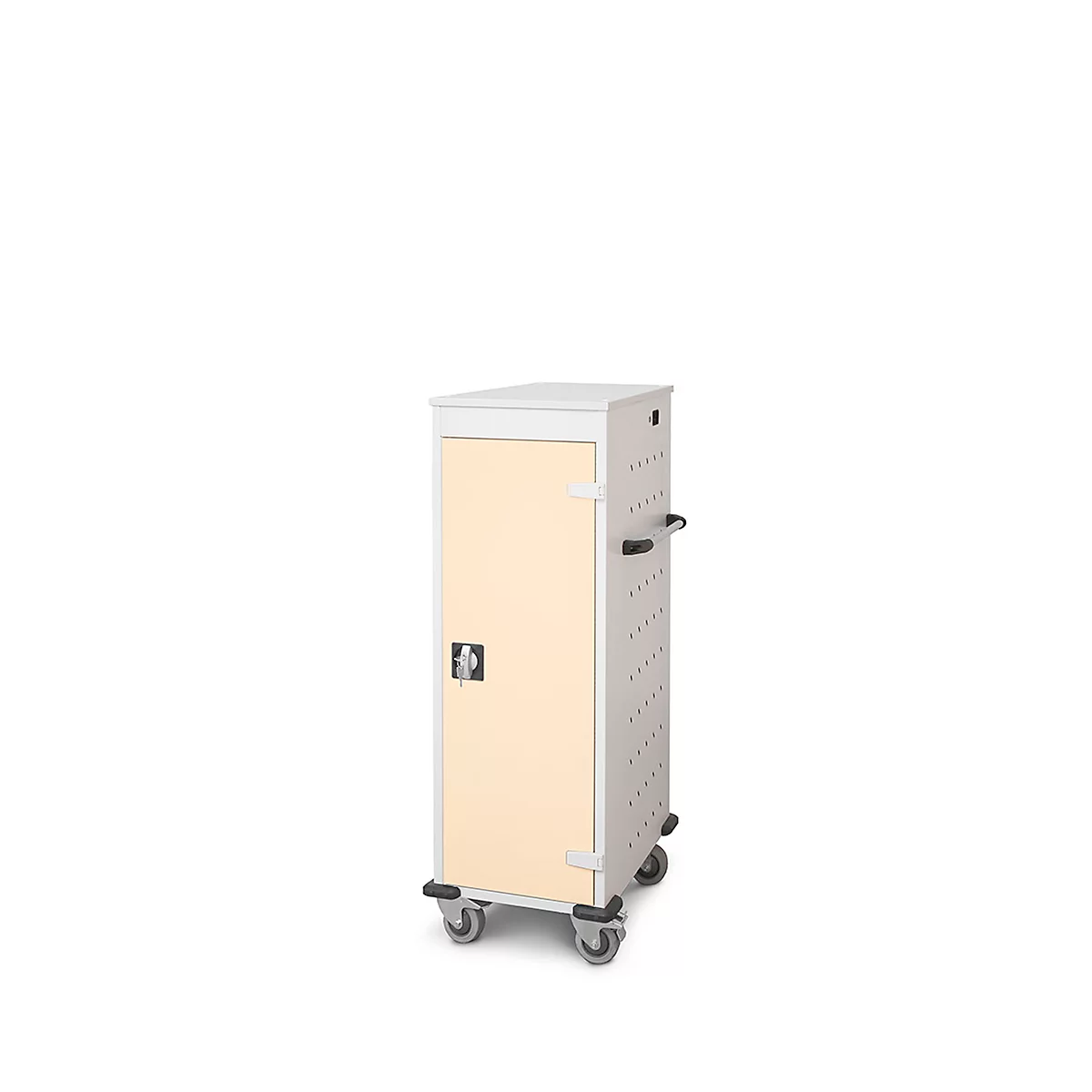 Grijze rolkast met beige deur en wielen. Met handgreep en slot. Neutrale achtergrond.