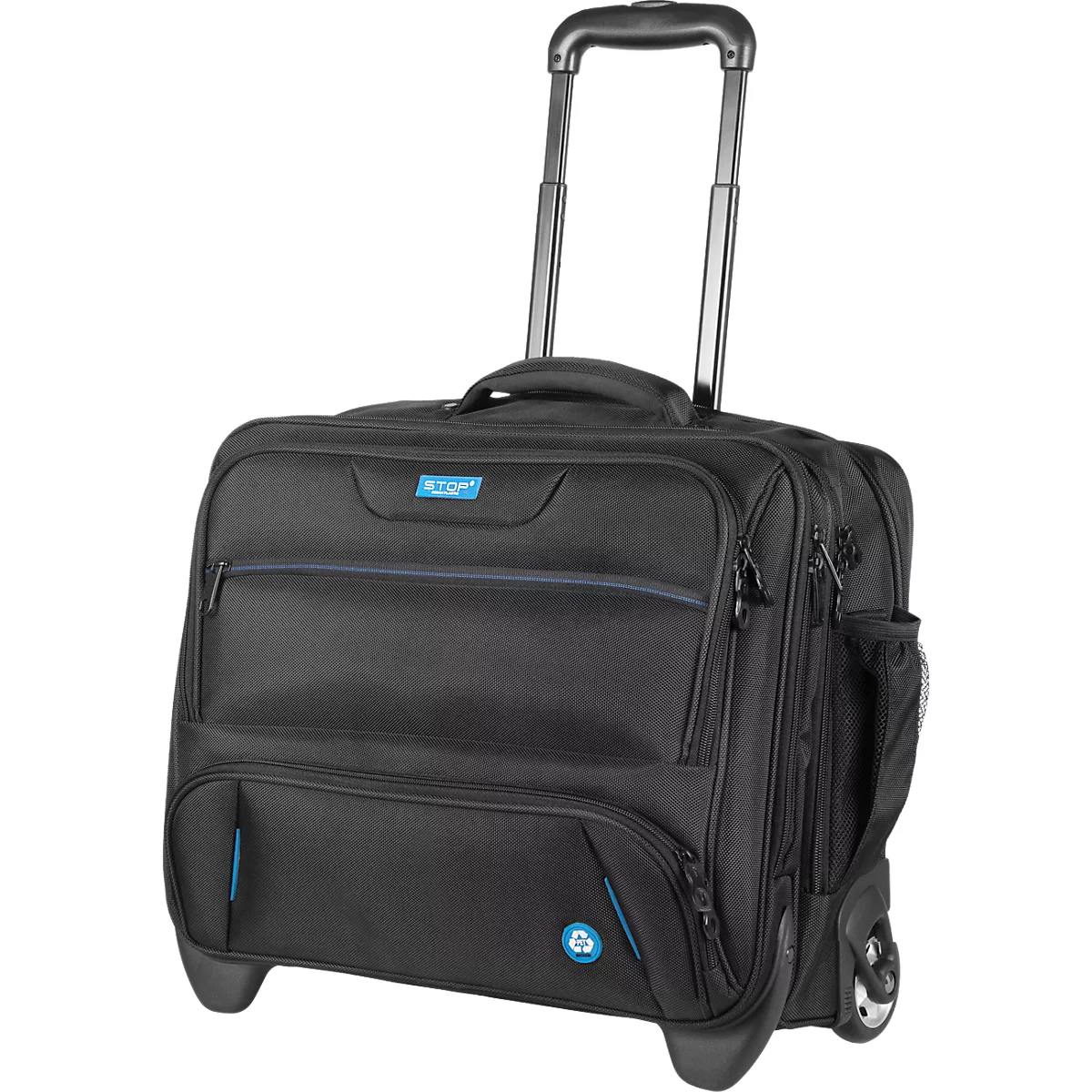 Zwarte trolleykoffer met uitschuifbare handgreep, wielen en blauw logo.