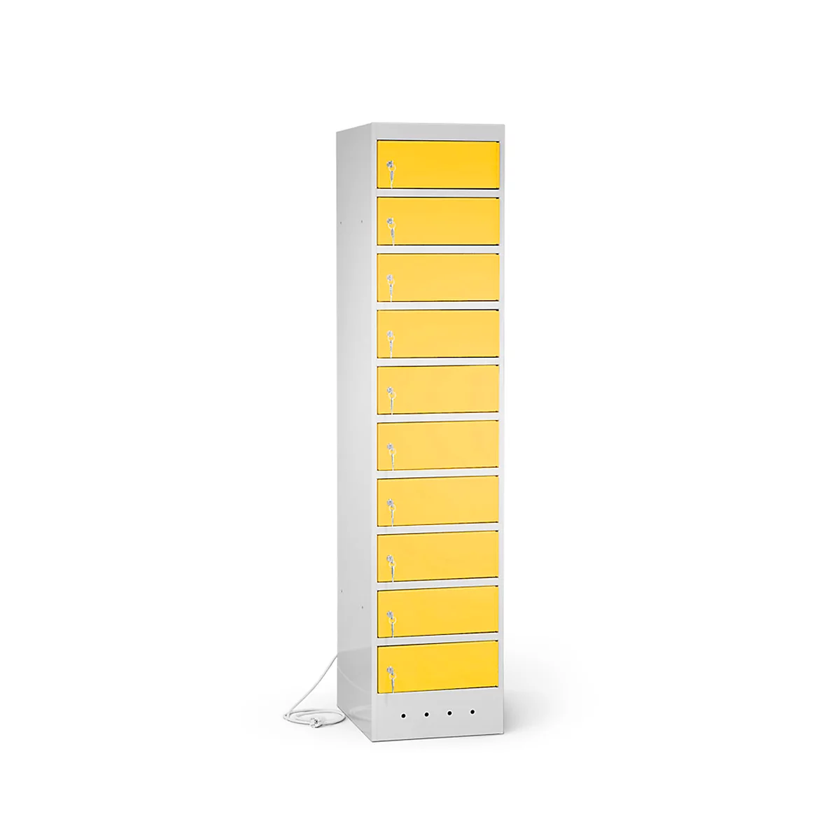Schrank mit gelben Türen. Graues Gehäuse, 10 Fächer, Vorhängeschlösser, auf weißem Hintergrund.