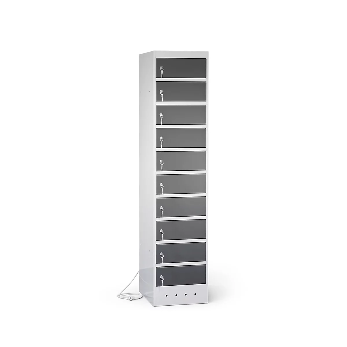 Laptopschrank mit Ladefunktion, 10 Abteile mit Zylinderschloss, Stahlblech lichtgrau RAL 7035/ anthr.grau RAL 7016