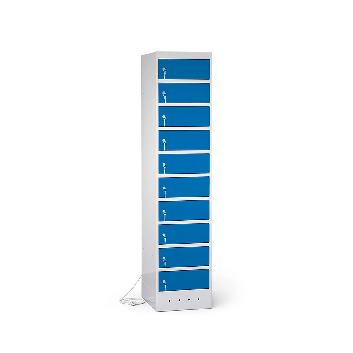 Laptopschrank mit Ladefunktion, 10 Abteile mit Zylinderschloss, Stahlblech lichtgrau RAL 7035/enzianblau RAL 5010