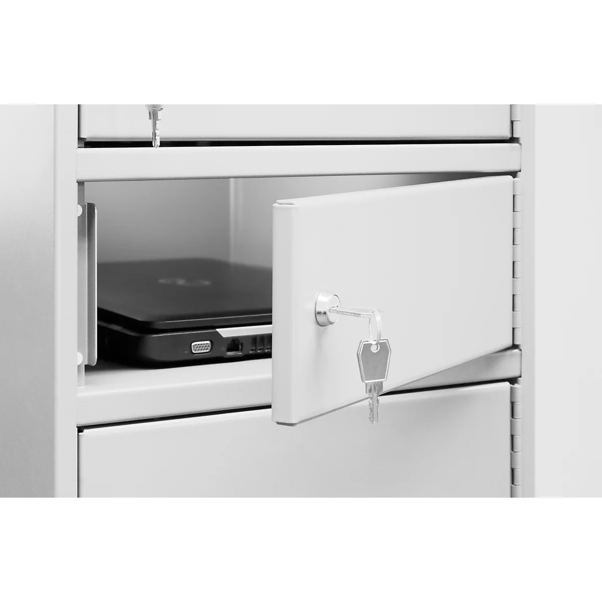 Laptopschrank mit Ladefunktion, 10 Abteile mit Zylinderschloss, Stahlblech lichtgrau RAL 7035/h.elfenbein RAL 1015