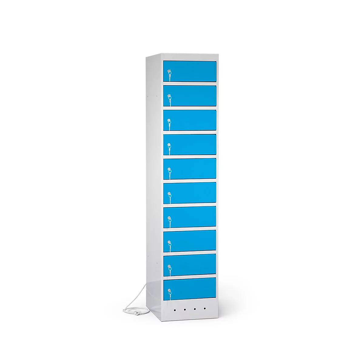 Laptopschrank mit Ladefunktion, 10 Abteile mit Zylinderschloss, Stahlblech lichtgrau RAL 7035/lichtblau RAL 5012