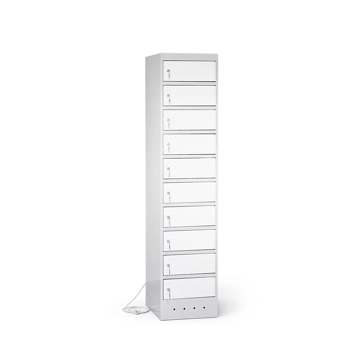 Laptopschrank mit Ladefunktion, 10 Abteile mit Zylinderschloss, Stahlblech lichtgrau RAL 7035/reinweiß RAL 9010