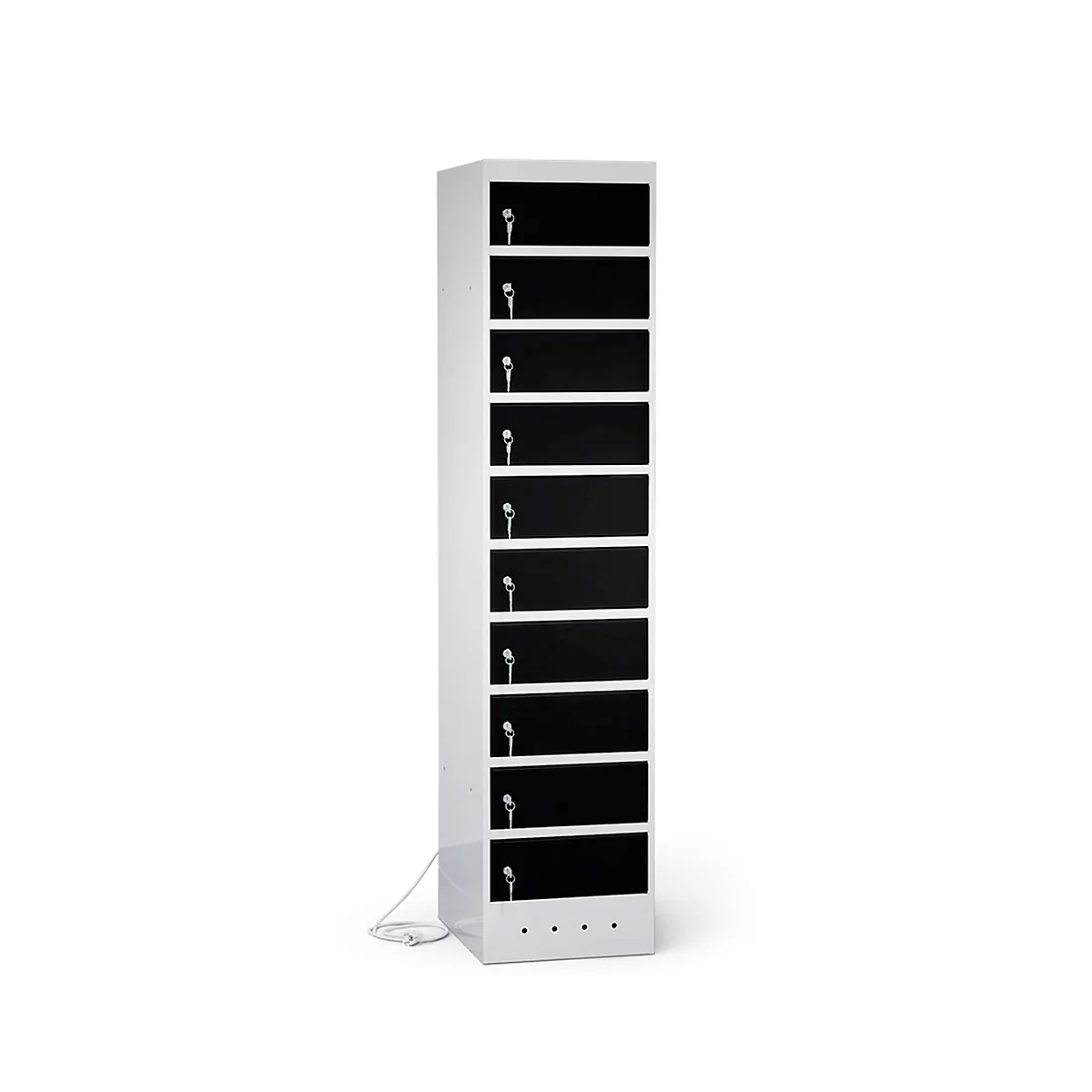 Laptopschrank mit Ladefunktion, 10 Abteile mit Zylinderschloss, Stahlblech lichtgrau RAL 7035/tiefschwarz RAL 9005