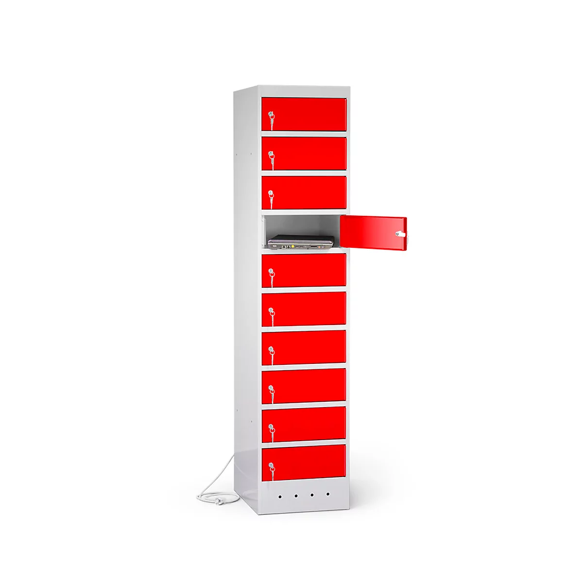 Laptopschrank mit Ladefunktion, 10 Abteile mit Zylinderschloss, Stahlblech lichtgrau RAL 7035/verk.rot RAL 3020