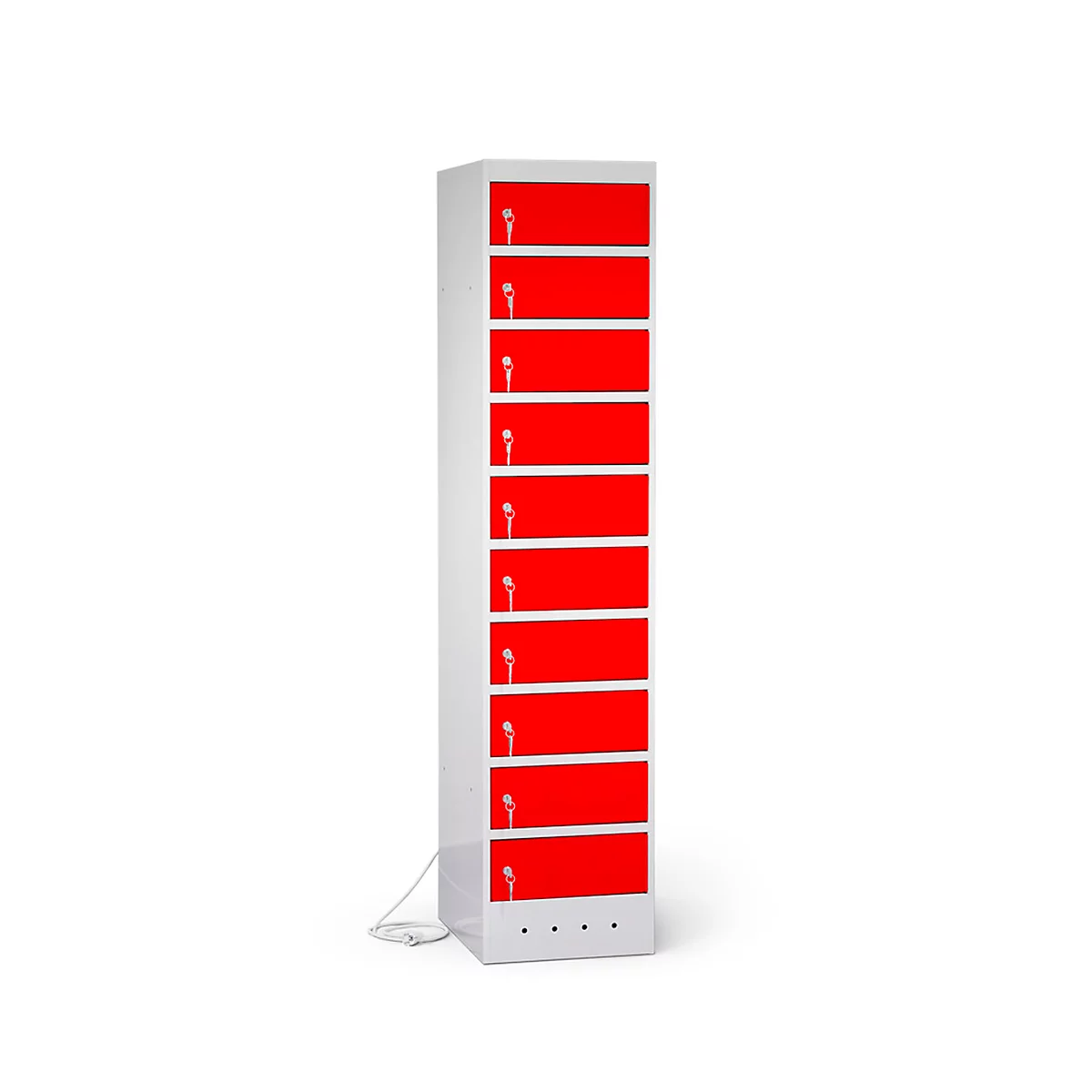 Laptopschrank mit Ladefunktion, 10 Abteile mit Zylinderschloss, Stahlblech lichtgrau RAL 7035/verk.rot RAL 3020