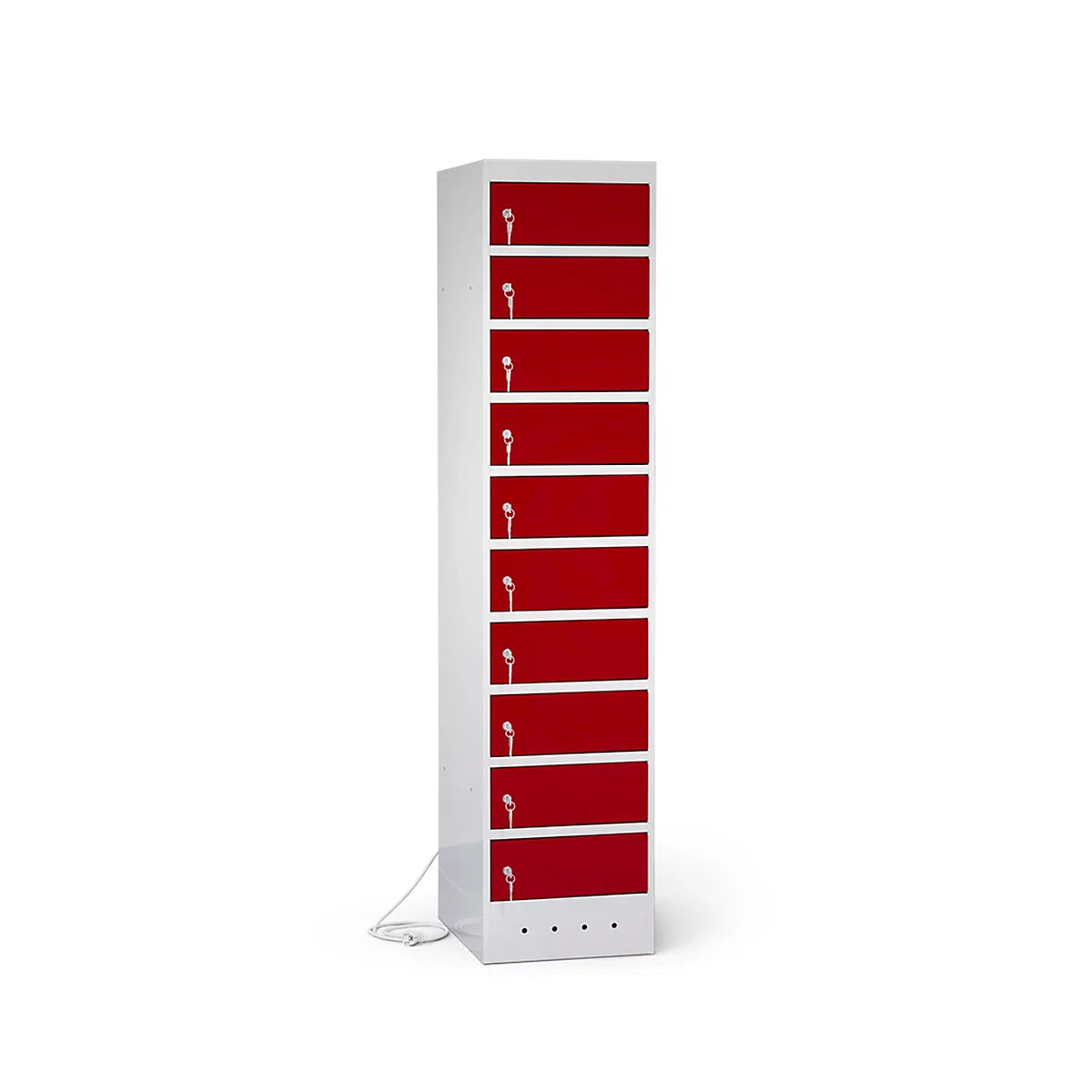 Laptopschrank mit Ladefunktion, 10 Abteile mit Zylinderschloss, Stahlblech lichtgrau RAL 7035/weinrot RAL 3005