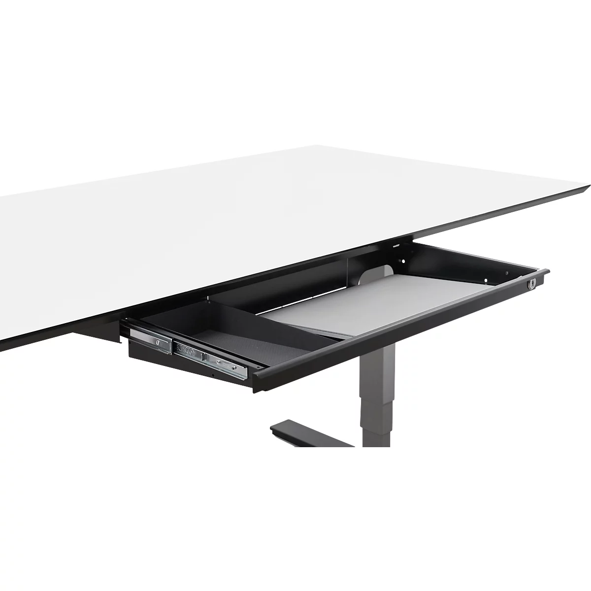 Laptopschublade für die Montage unter Schreibtischen, abschließbar, kugelgelagert, Kabelführung, B 721 x T 316 x H 37/71 mm, Metall, schwarz