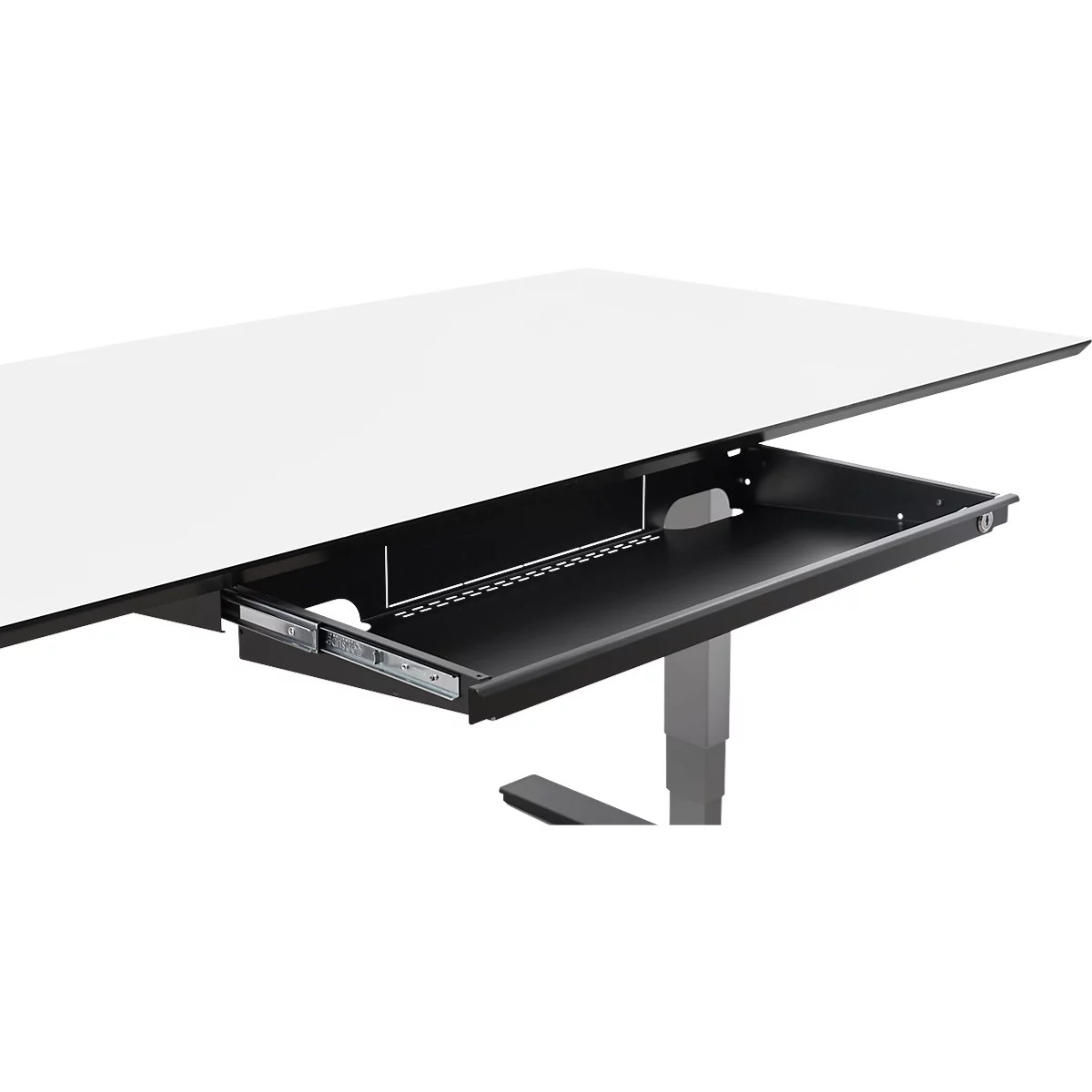 Laptopschublade für die Montage unter Schreibtischen, abschließbar, kugelgelagert, Kabelführung, B 721 x T 316 x H 37/71 mm, Metall, schwarz