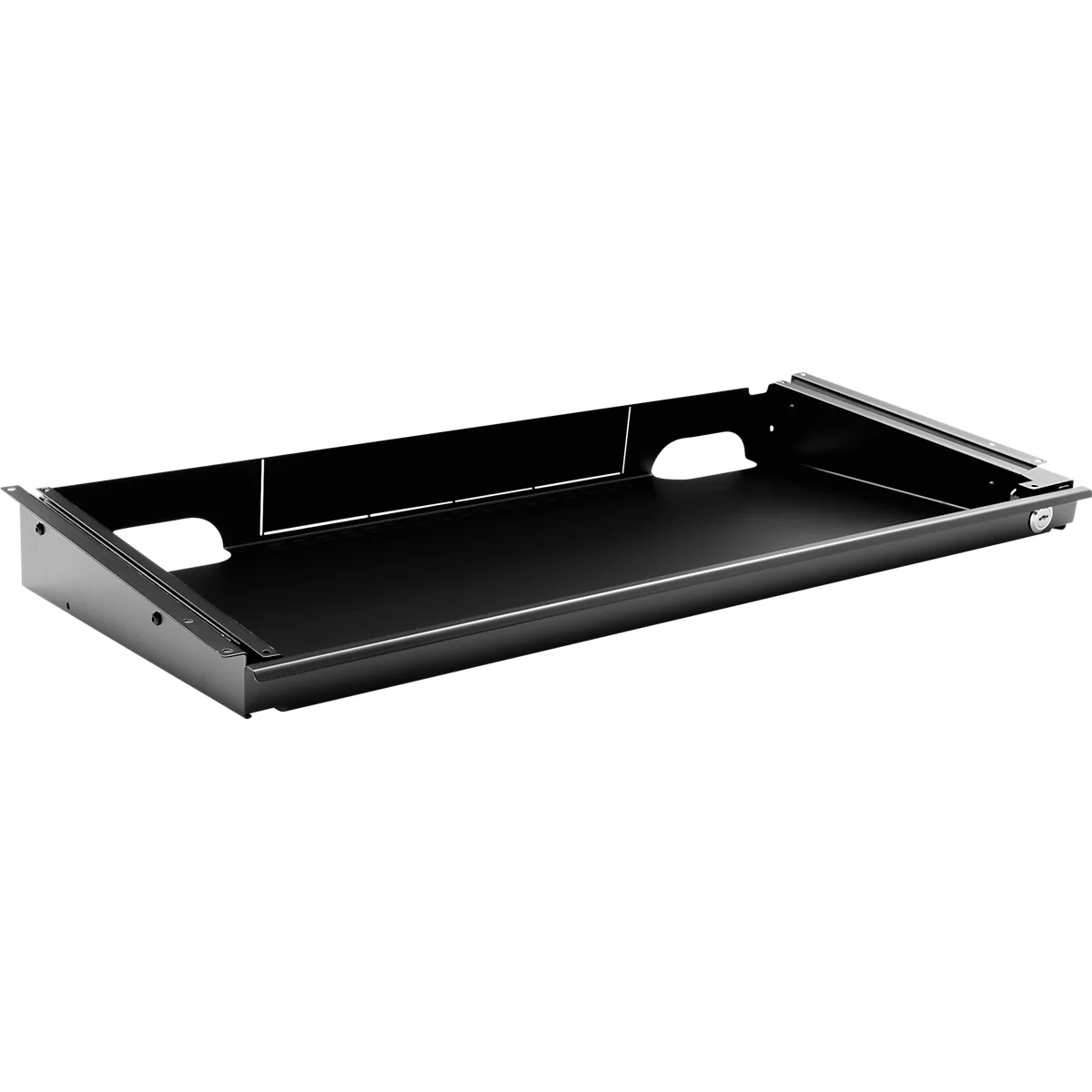 Laptopschublade für die Montage unter Schreibtischen, abschließbar, kugelgelagert, Kabelführung, B 721 x T 316 x H 37/71 mm, Metall, schwarz