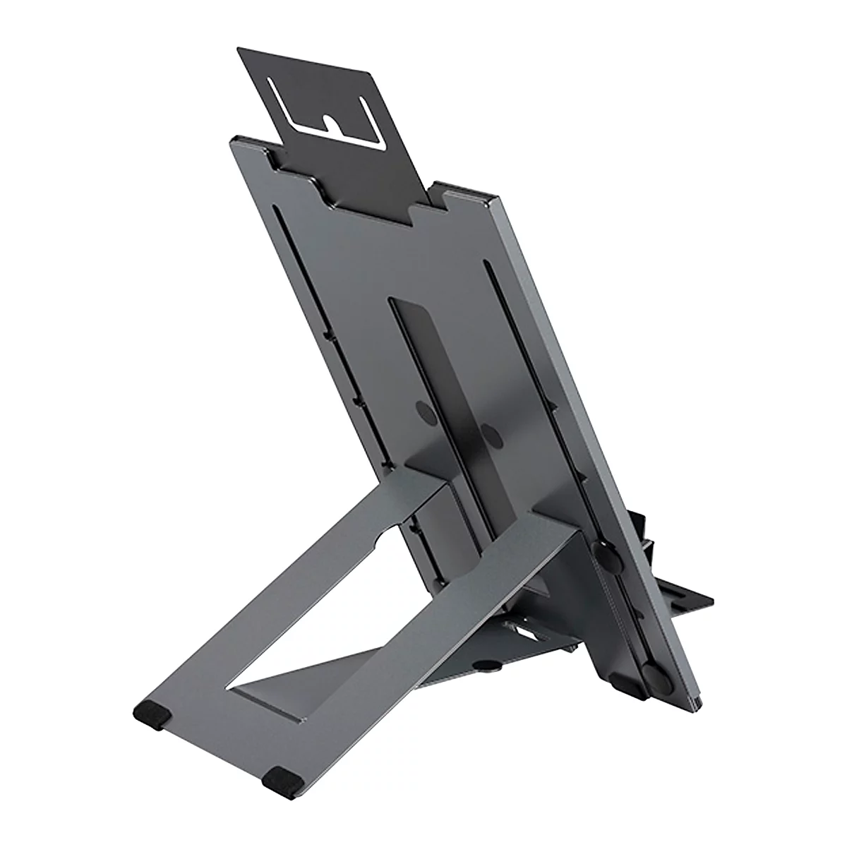 Laptopstandaard Bakker Elkhuizen Ergo-Q Hybrid Pro, voor laptops &amp; tablets tot 16', ergonomisch, B 199 x D 284 x H 13,5 mm, aluminium, donkergrijs mat
