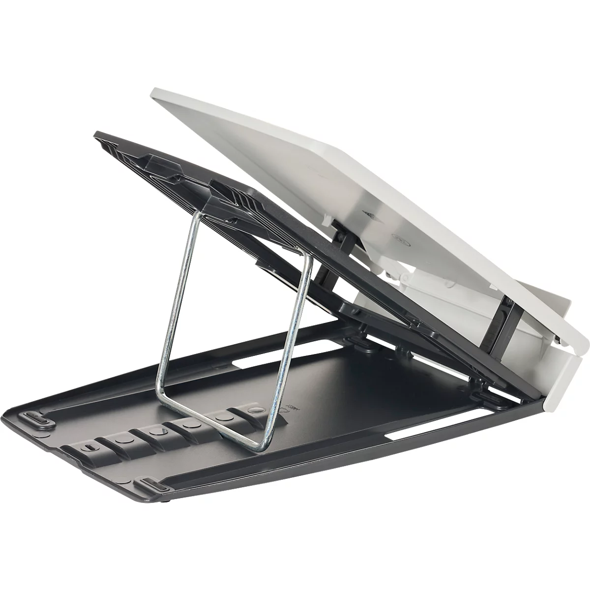 Zwarte verstelbare boekenstandaard met zilveren steun. Oppervlak in lichtgrijs.