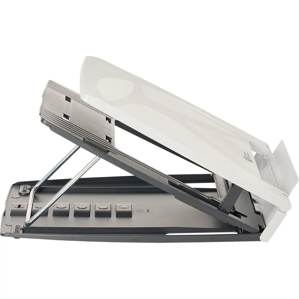 Grijze scanner met witte klep, perspectiefbeeld. De klep is open en wordt vastgehouden door een zilveren metalen beugel.