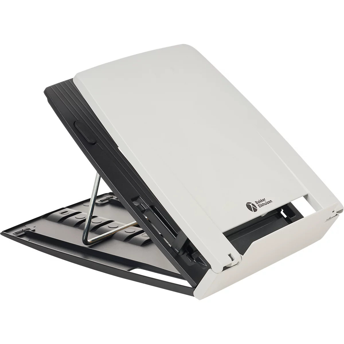 Een wit en zwarte documentscanner, half open, op een witte achtergrond. Het apparaat staat op een metalen standaard.