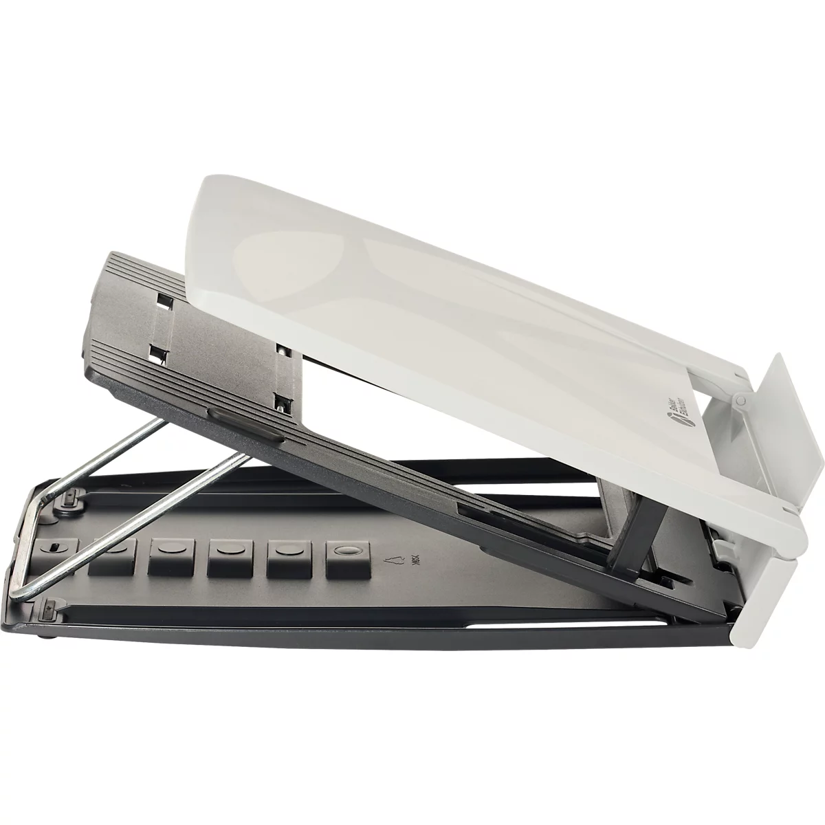 Een wit en grijze laptopstandaard met verstelbare steunen.