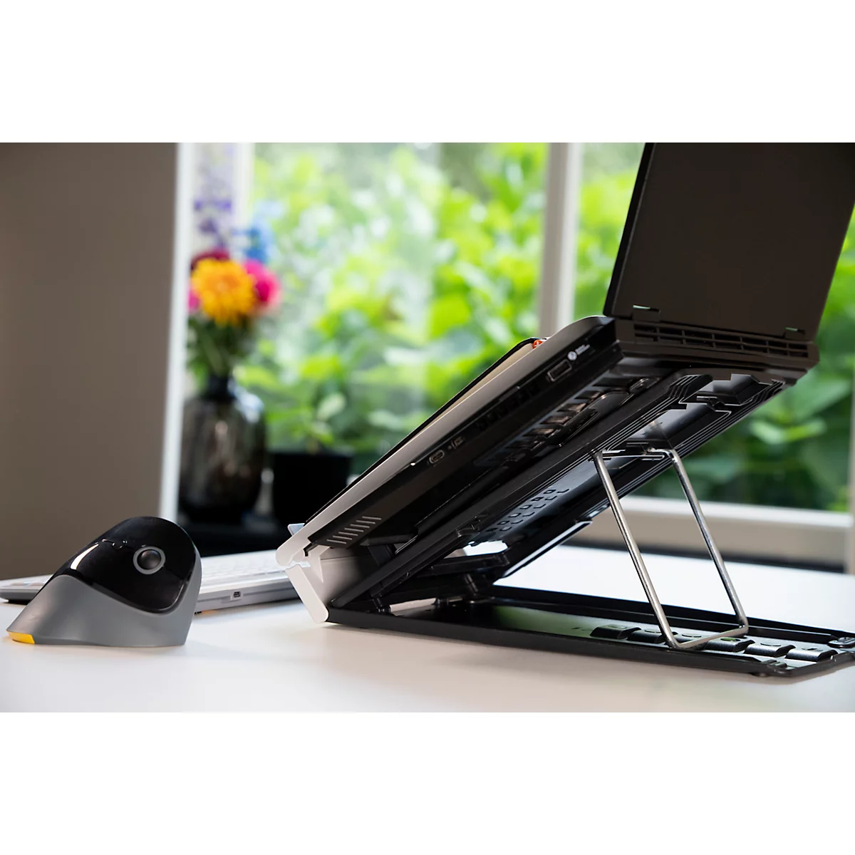 Een laptop staat op een standaard. Daarnaast een ergonomische muis. Op de achtergrond een raam met bloemen in een vaas.