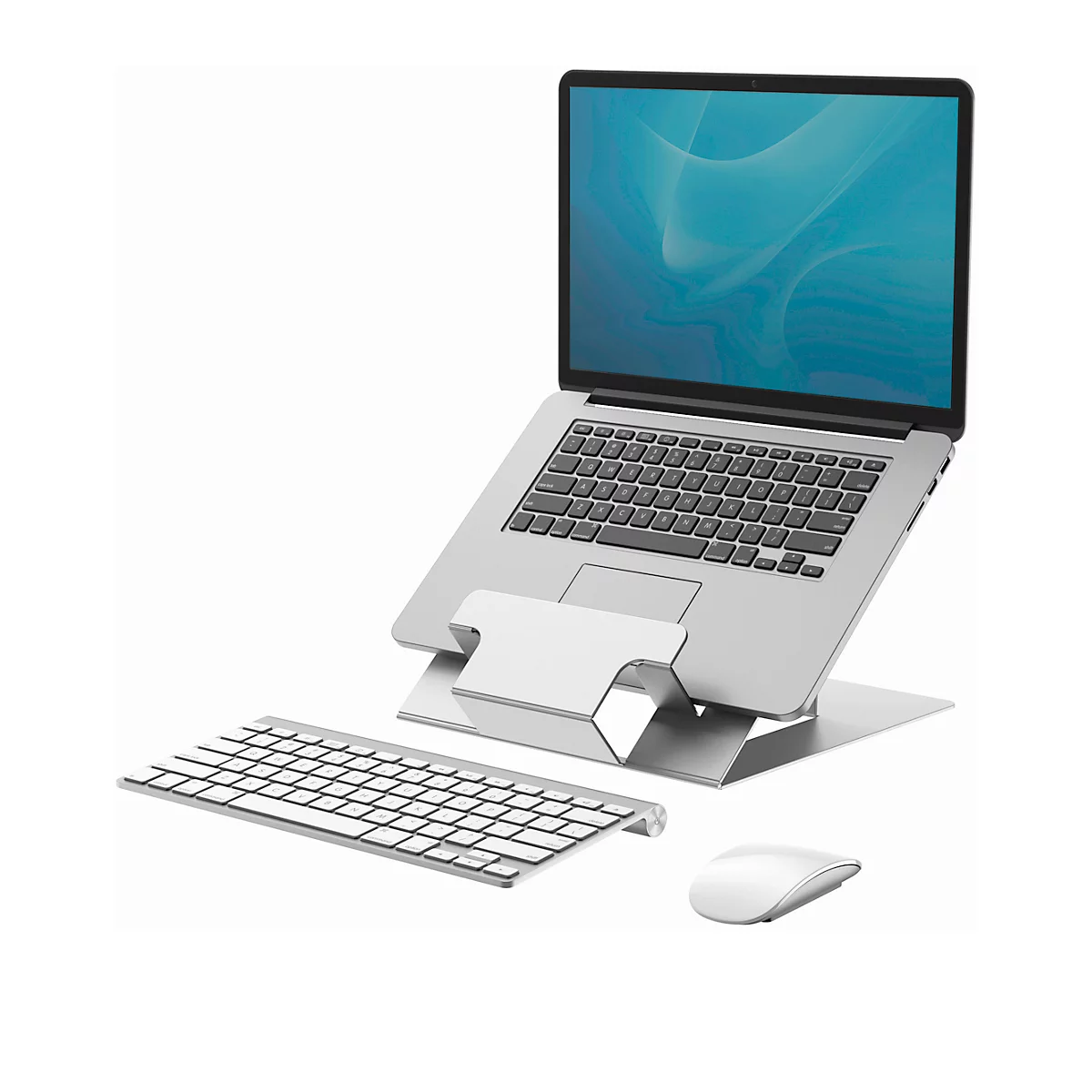 Laptopstandaard Fellowes Hylyft™, voor laptops tot 18″ &amp; tot 4 kg, 6-staps handmatige hoogteverstelling, inklapbaar, ergonomisch, aluminium, zilver.