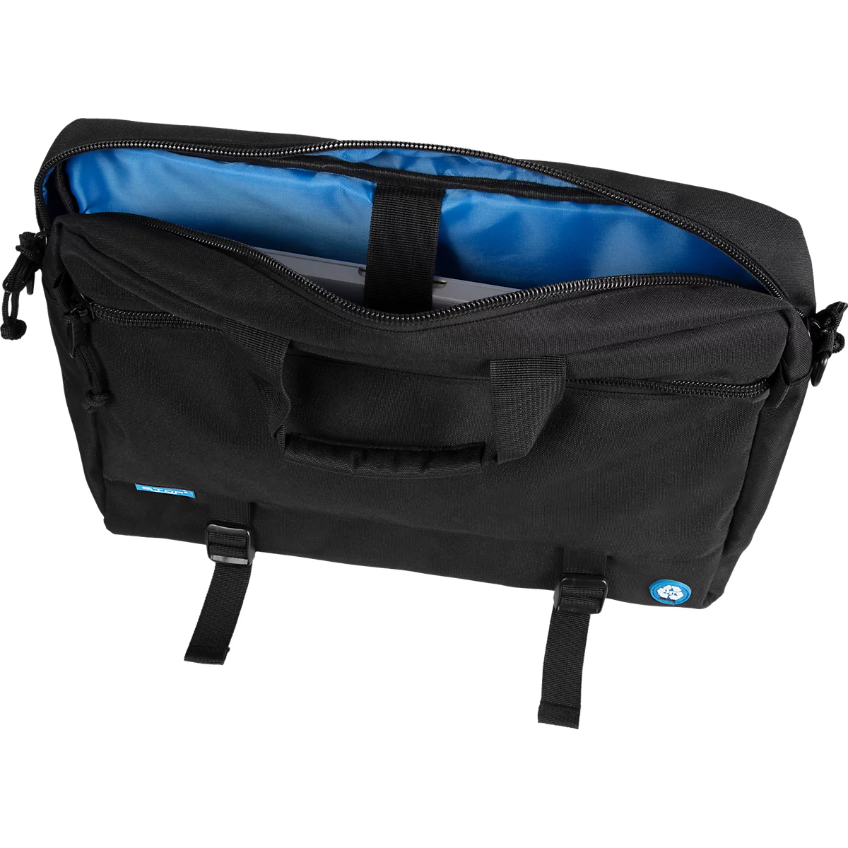 Schwarze Laptoptasche, offen, mit blauem Innenfutter. Schultergurt und Griff sichtbar.