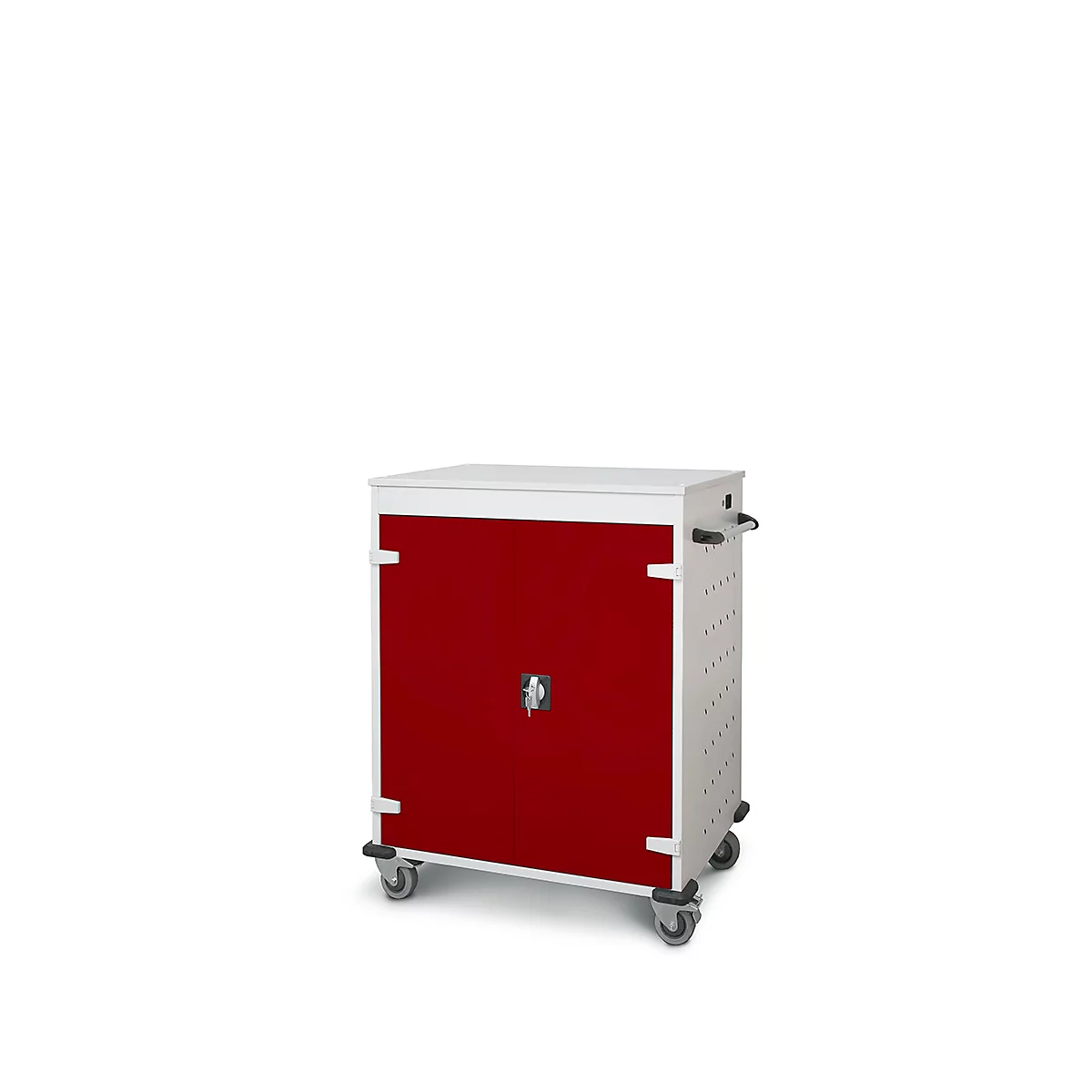 Rode kast op wielen, met wit frame, handgrepen en slot.
