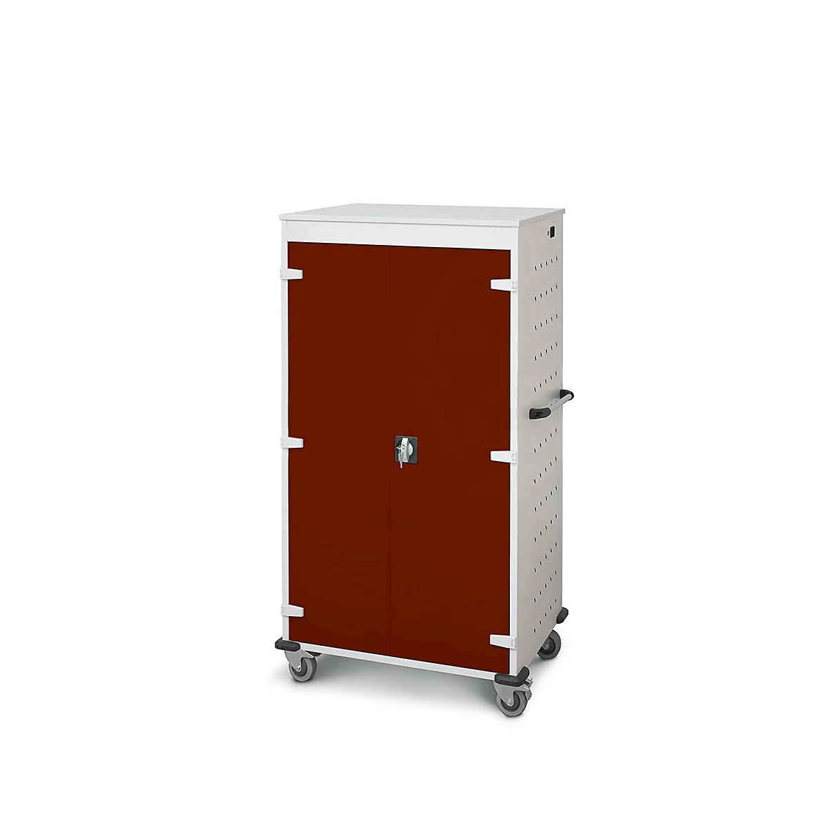 Kast met wielen, wit frame, rode deuren, slot en handvat.