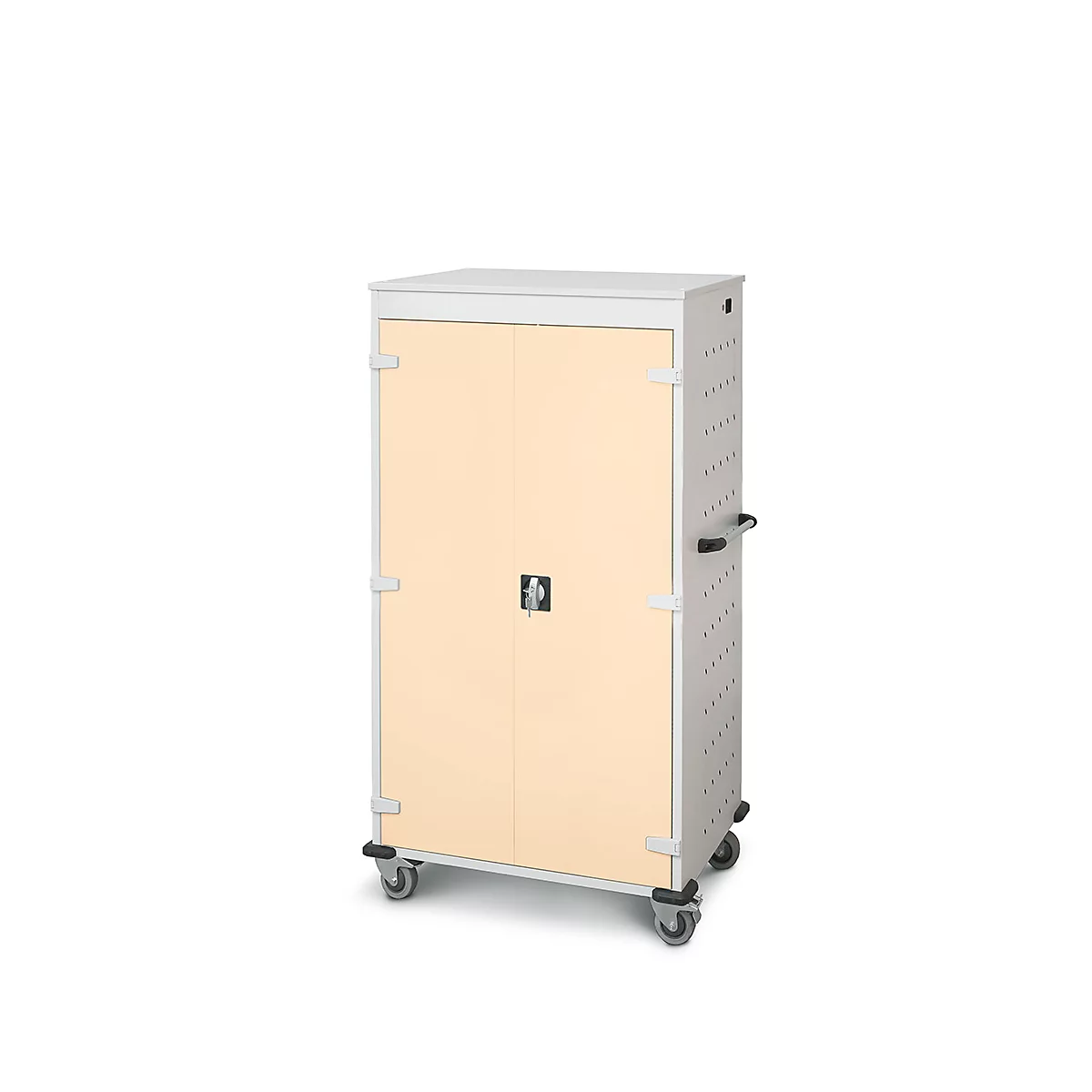Mobiele kast met wielen, lichtgele deuren en zilverkleurig frame. Handgrepen, slot en luchtgaten zijn zichtbaar.