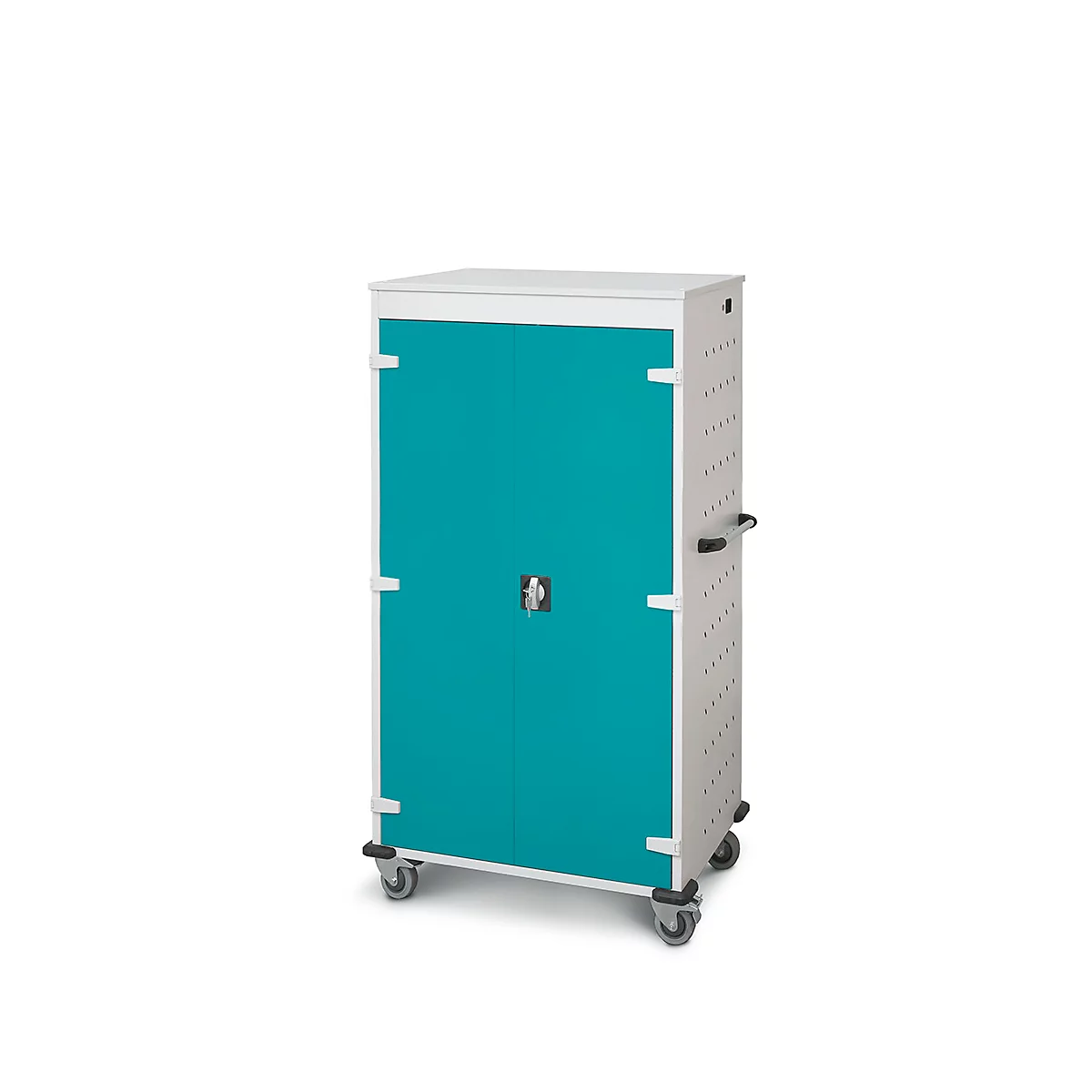 Rollerkast met turquoise dubbele deur, wit frame en wielen. Handgrepen en slot aanwezig.