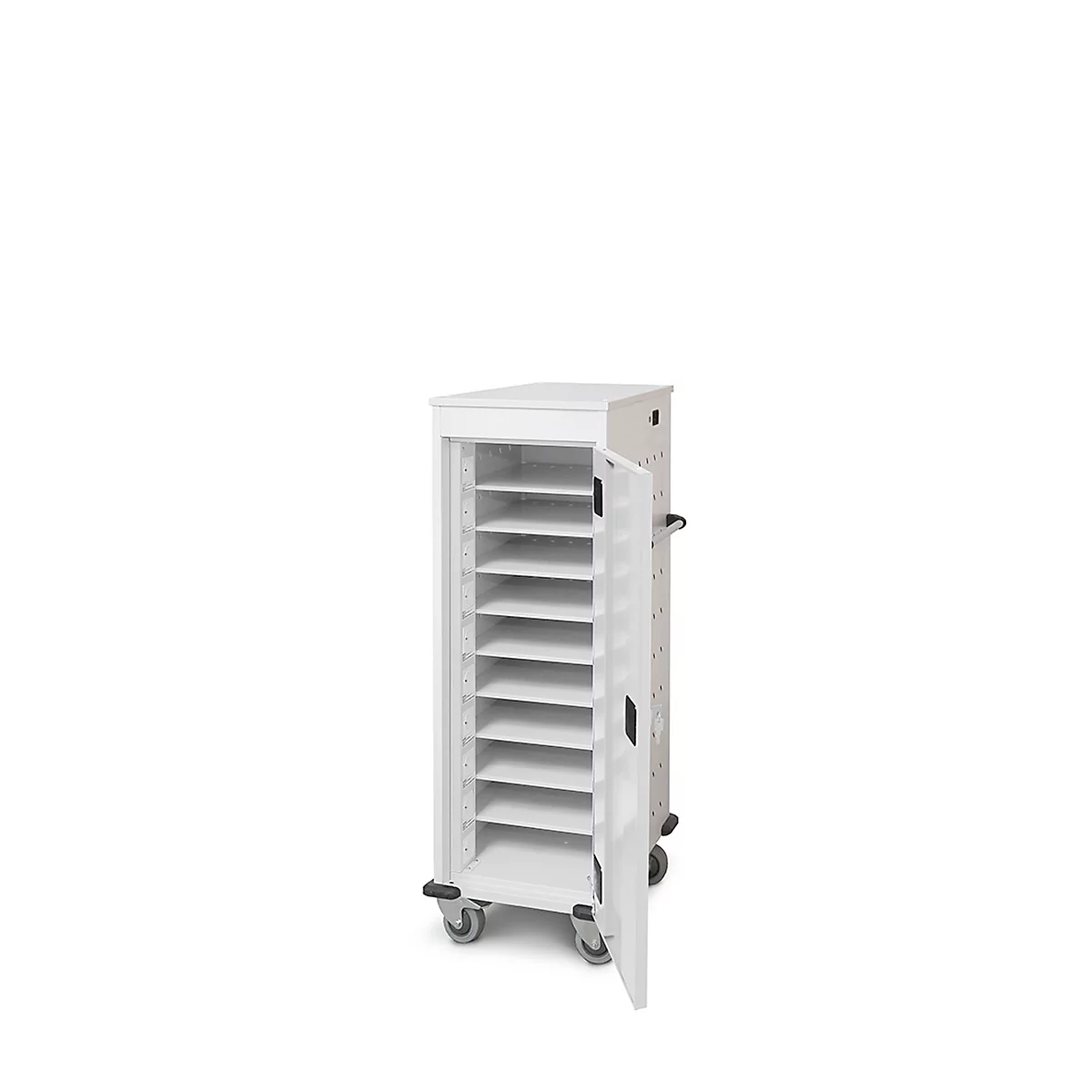 Weisser Rollwagen mit offenen Türen. Darin befinden sich mehrere Regale. Die Räder sind erkennbar.