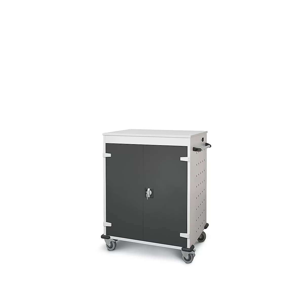Ein grauer Schrank auf Rollen, mit zwei Türen und einem silbernen Schloss.