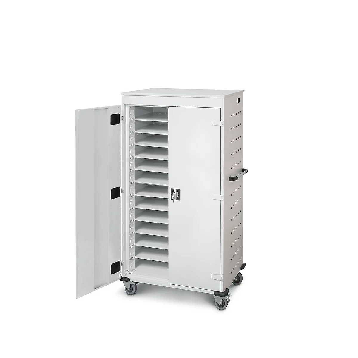 Weisser Schrank mit geöffneter Tür, Rädern und Einlegeböden.