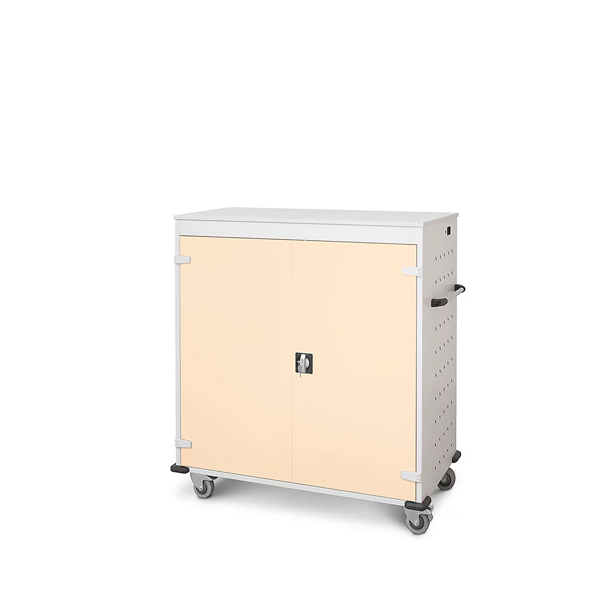 Schrank auf Rollen, zwei Türen, Griff, hellgrau, beige Türen.