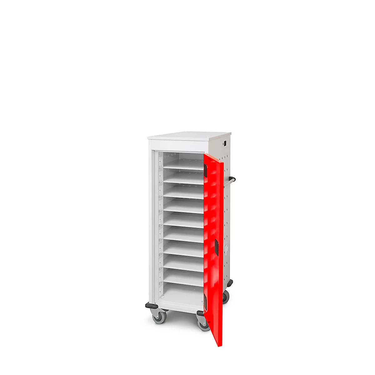 Laptopwagen mit Ladefunktion, 2-Punkt-Verriegelung, Feststellbremse, 10 Fächer, B 530 x T 1250 x H 500, verkehrsrot