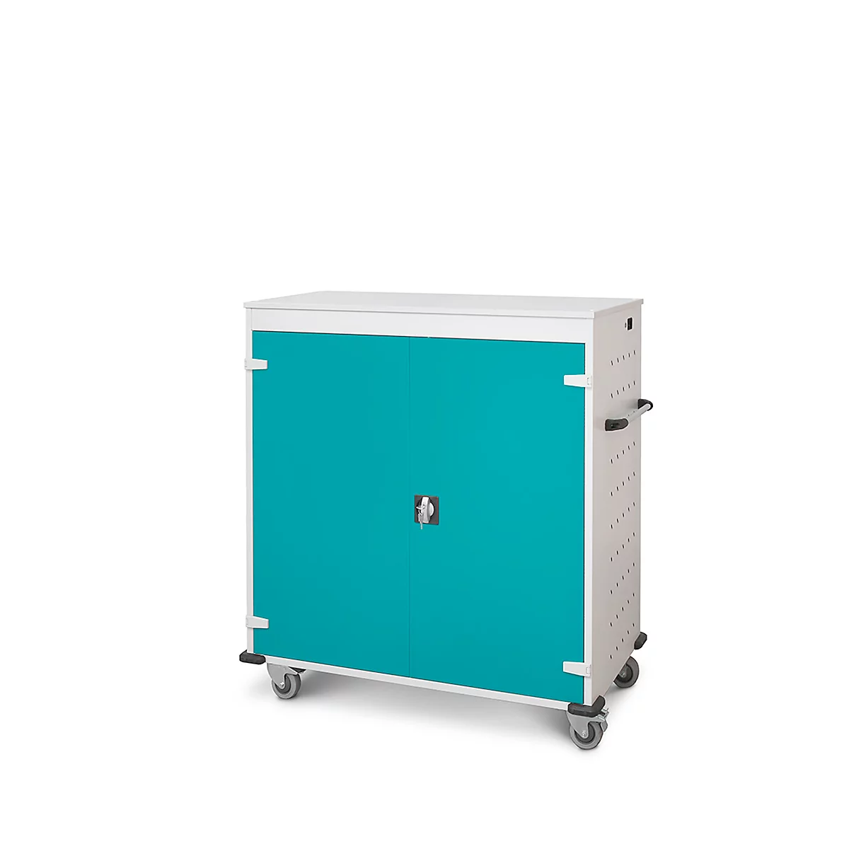 Laptopwagen mit Ladefunktion, 2-Punkt-Verriegelung, Feststellbremse, 30 Fächer, B 1310 x T 500 x H 1250, türkis
