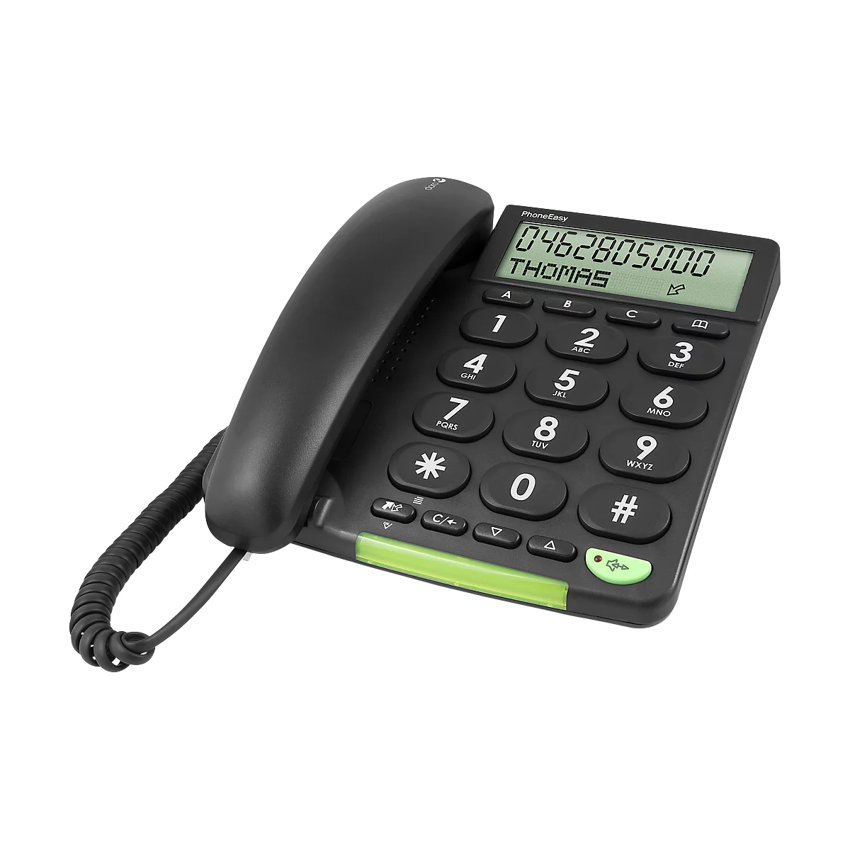 Black telephone with green accents. The display shows a phone number and the name Thomas. Large buttons.