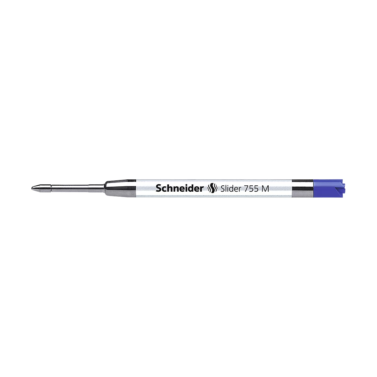 Close-up of a Schneider Slider 755 M ballpoint pen. The pen has a metal casing and blue accents.