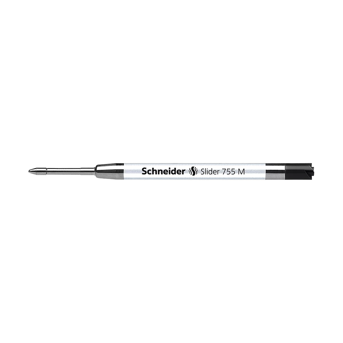 Close-up of a silver pen with the inscription Schneider Slider 755 M.