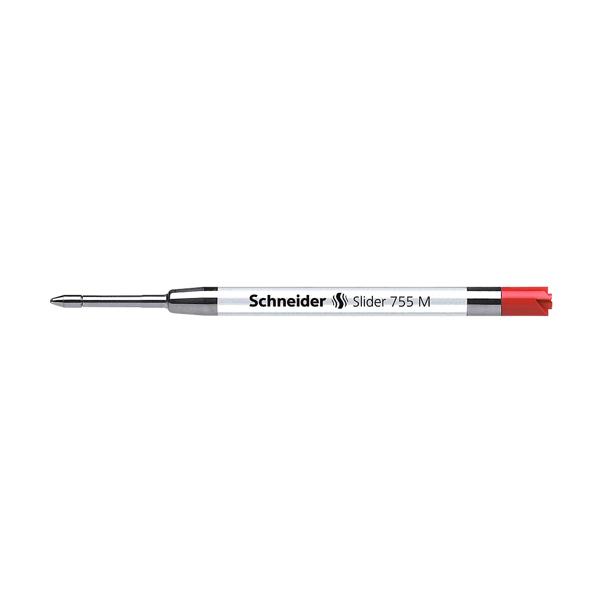 Close-up of a ballpoint pen, gray shaft, red cap, inscription: Schneider Slider 755 M.