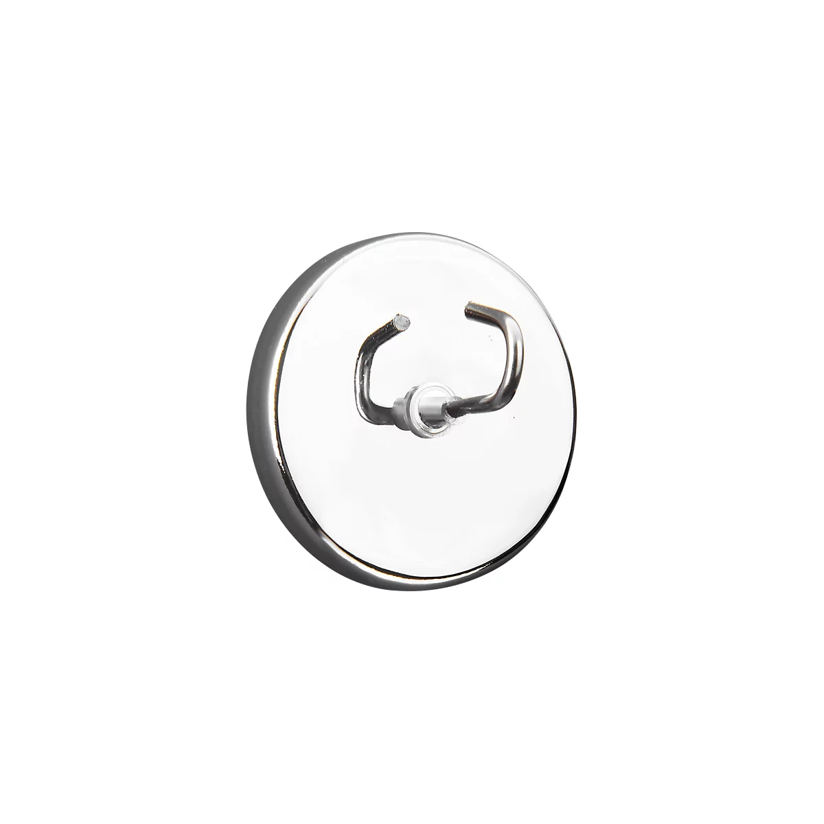 Round, clear suction cup with a metal hook in the middle. The edge of the suction cup is silver-colored.