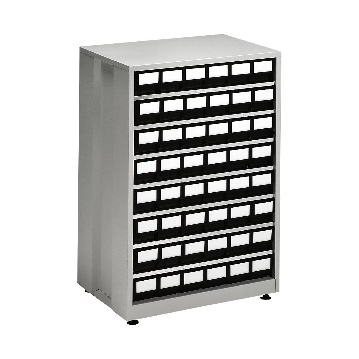 Grey cabinet with many drawers with black frames and white labels. Standing on dark floor.