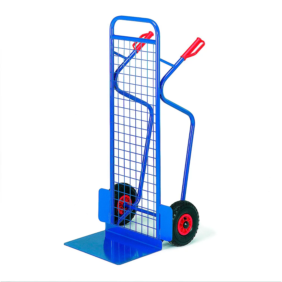 Blue hand truck on a white background. Two black tires, red handles and rims.