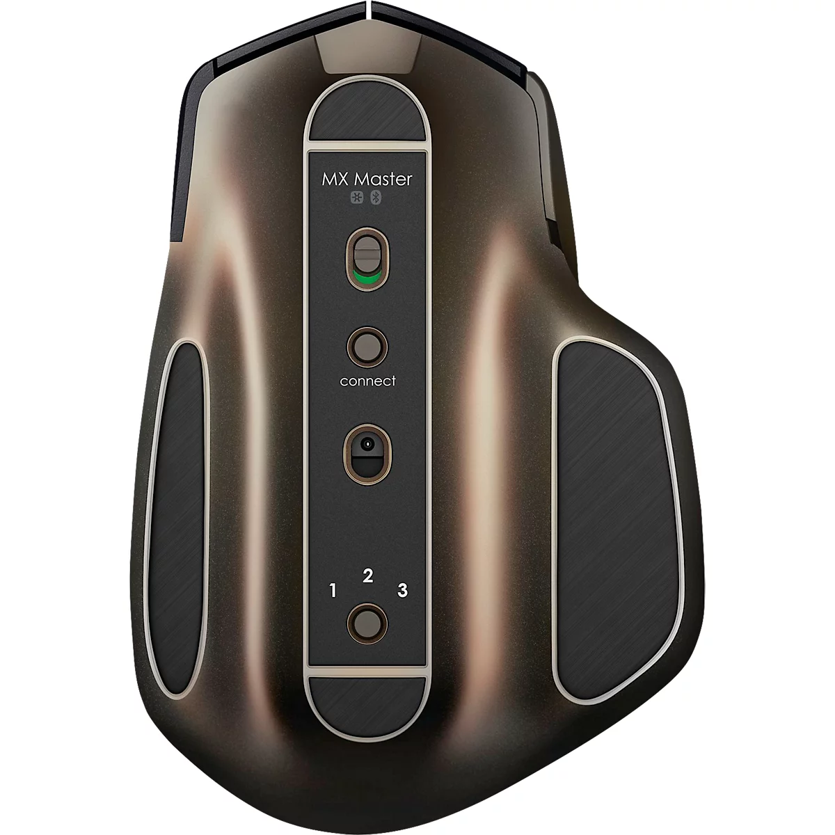 Draufsicht auf eine graubraune Maus. Oben steht MX Master, darunter ein Knopf mit grünem Licht. Darunter connect, darunter die Ziffern 1, 2, 3.